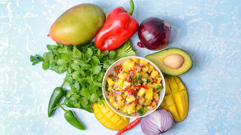 Mango salsa on blue background