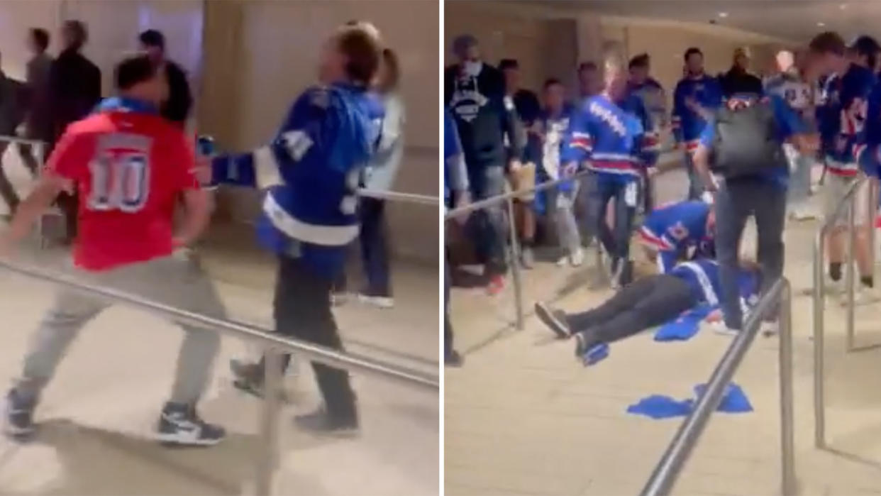 A Rangers fan, identified as James Anastasio, was arrested following an assault on a Lightning fan after Game 5 at Madison Square Garden. (@ScottKaplanOn/Twitter)