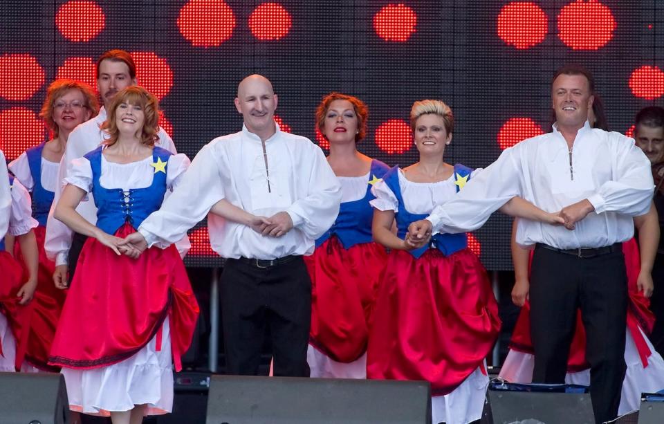 An Acadian dance troop performs during the opening ceremony of the Congrès Mondial Acadien in Edmundston, N.B., on Friday, Aug. 8, 2014 .