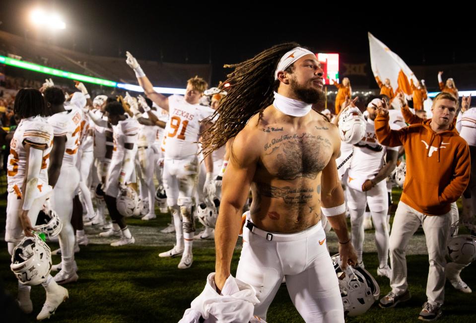 Texas wide receiver Jordan Whittington celebrates after the Longhorns' win over Iowa State last week. The senior, who played his last game at Royal-Memorial Stadium Friday, overcame injuries in his collegiate career to become one of the program's most respected leaders.