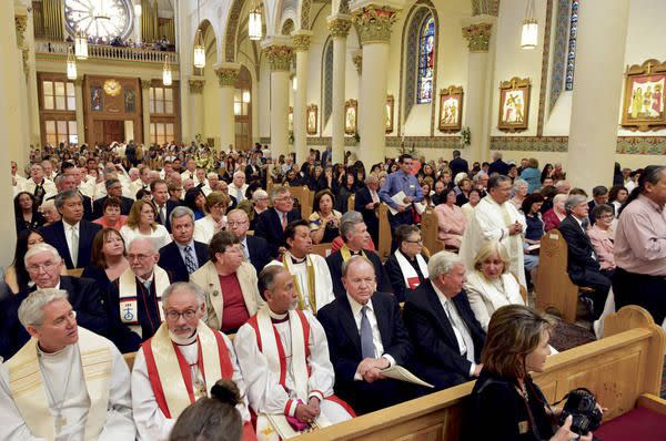 20150609 Elder M. Russell Ballard, second from right on second row, attends the June 4 installation mass for Archbishop John C. Wester as Archbishop of Santa Fe. | Clyde Miller, Clyde Miller , The New Mexican