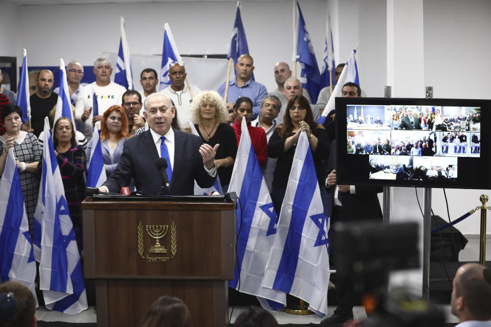 Israeli Prime Minister and head of the Likud party Benjamin Netanyahu delivers a statement in Petah Tikva, Saturday, March 7, 2020. (AP Photo/Oded Balilty)