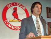 FILE - In this Oct. 23, 1995 file photo, Tony La Russa makes a statement after being named manager of the St. Louis Cardinals, in St. Louis. Three days after winning the World Series, La Russa is retiring. The 67-year-old manager announced his retirement at a news conference Monday, Oct. 31, 2011 at Busch Stadium in St. Louis.(AP Photo/James A. Finley, File)