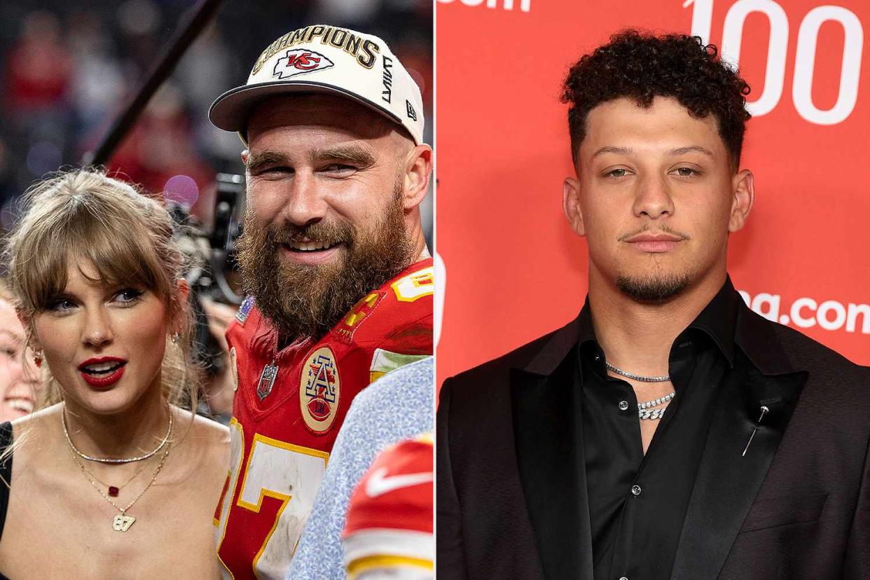 <p>Michael Owens/Getty; Dimitrios Kambouris/Getty</p> Taylor Swift, Travis Kelce and Patrick Mahomes
