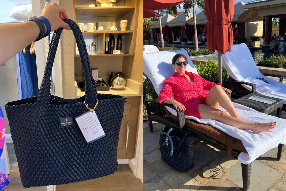 A split image shows a hand holding up a navy beach tote on the left; on the right, a woman lounges by the pool with the beach tote.