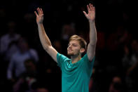 Tennis - ATP World Tour Finals - The O2 Arena, London, Britain - November 18, 2017 Belgium's David Goffin celebrates after winning his semi final match against Switzerland's Roger Federer Action Images via Reuters/Tony O'Brien