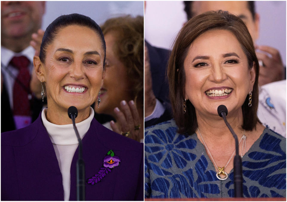 FILE PHOTO: Combination picture of file photos shows presidential candidate of the ruling MORENA party Claudia Sheinbaum (L) and Xochitl Galvez, the presidential candidate of the 'Fuerza y Corazon por Mexico', an alliance of opposition parties, at the last presidential debate at Tlatelolco University Cultural Center in Mexico City, Mexico, May 19, 2024. REUTERS/Quetzalli Nicte-Ha/File Photo