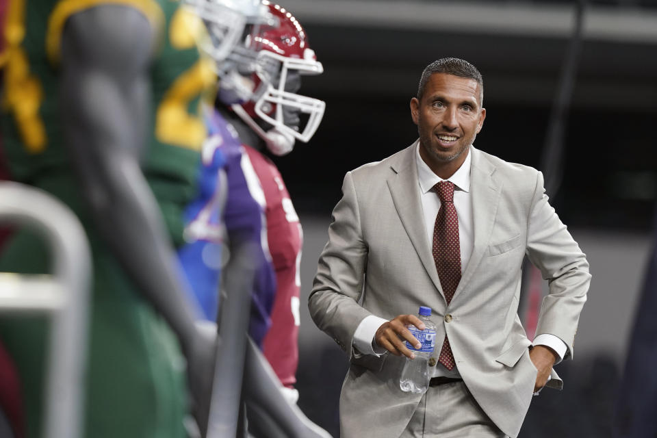 Iowa head coach Matt Campbell walks off stage after speaking to reporters at the NCAA college football Big 12 media days in Arlington, Texas, Thursday, July 14, 2022. (AP Photo/LM Otero)
