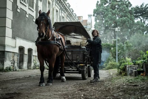 Norman Reedus as Daryl Dixon alongside a horse and carriage in Paris in "The Walking Dead: Daryl Dixon"<p>AMC</p>