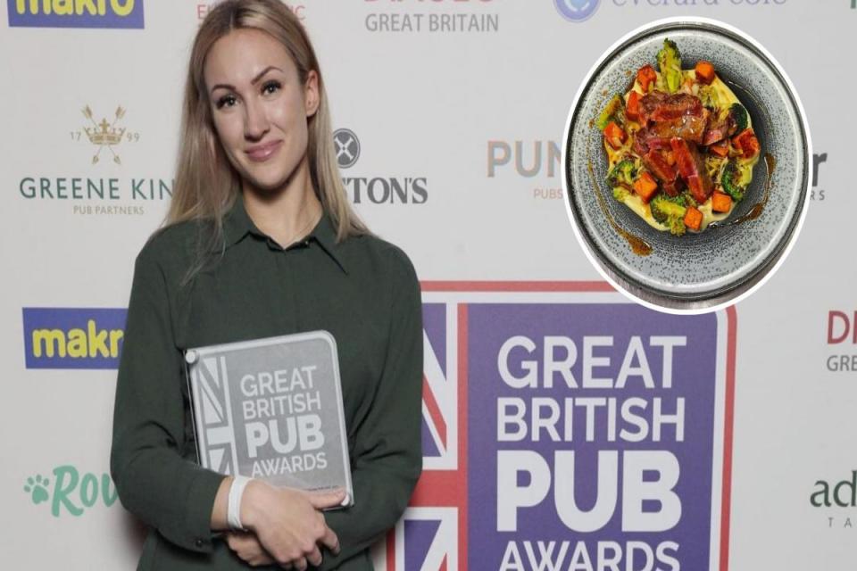 Chef Tiffany Long at the Great British Pub Awards 2022 and one of her dishes Picture: The Morning Advertiser (morningadvertiser.co.uk)/Instagram @tiffnorfolkchef i(Image: The Morning Advertiser (morningadvertiser.co.uk)/Instagram @tiffnorfolkchef)/i