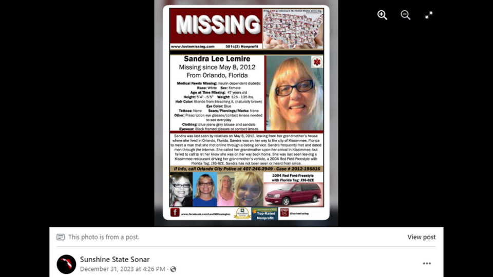 Sandra Lemire, 47, was reported missing after failing to return home from a date with a man she met online, the rescue said. Sunshine State Sonar via Facebook