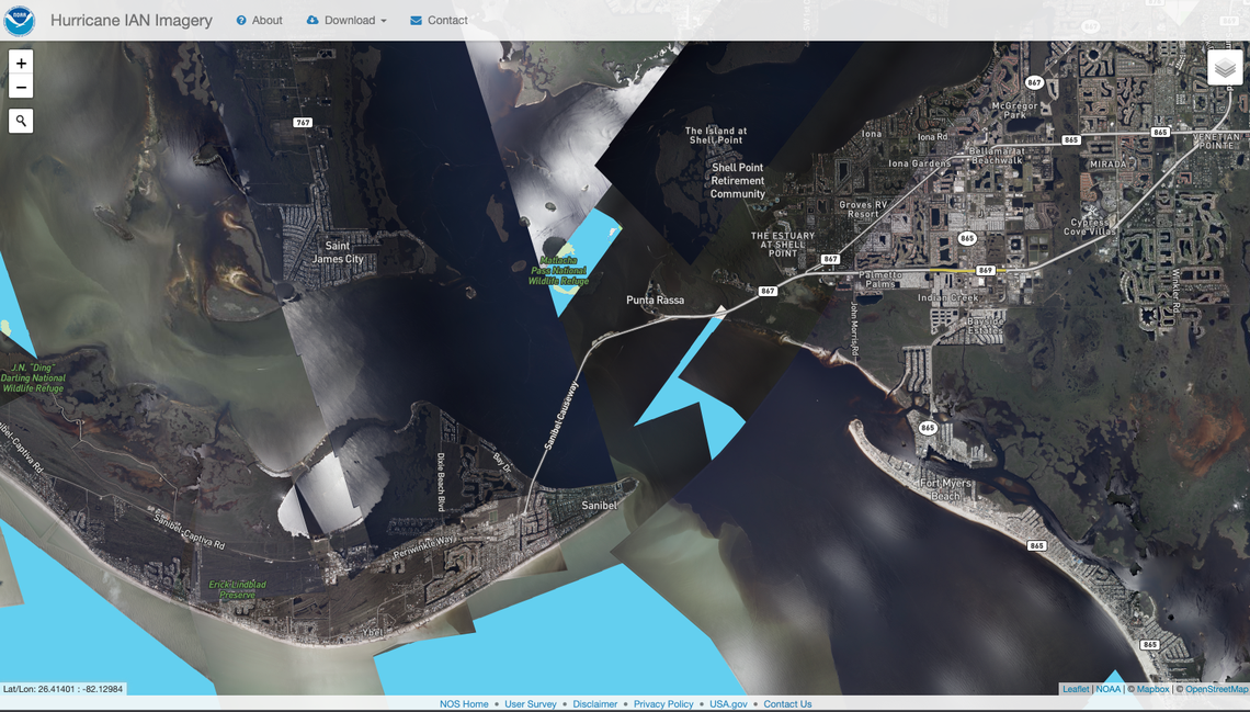 A screenshot of the NOAA satellite image showing the damage to the coastal communities in Southwest Florida, including Fort Myers Beach, Pine Island and Sanibel and Captiva.