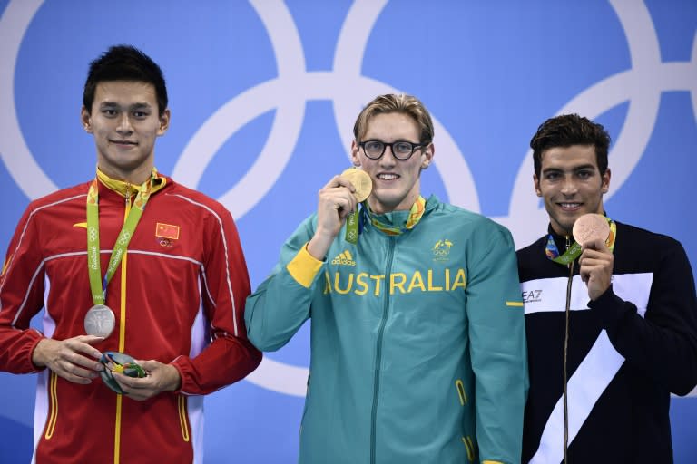 Mack Horton (centre) with Sun Yang (left) and bronze medallist Italy's Grabriele Detti after Horton won the men's 400m freestyle final in Rio on August 6, 2016