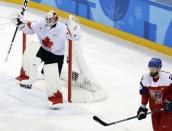 Ice Hockey - Pyeongchang 2018 Winter Olympics - Man’s Bronze Medal Match - Czech Republic v Canada - Gangneung Hockey Centre, Gangneung, South Korea - February 24, 2018 - Goalie Kevin Poulin of Canada celebrates victory. REUTERS/David W Cerny