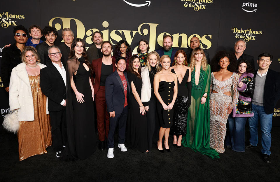 (Top L-R) Ayesha Harris, Josh Whitehouse, Sebastian Chacon, Timothy Olyphant, James Ponsoldt, Nzingha Stewart, Taylor Jenkins Reid, Will Graham, Tom Wright, guest (bottom L-R) Frankie Pine, Brad Mendelson, Camila Morrone, Sam Claflin, Scott Neustadter, Lauren Rachelle Levy, Jen Salke, Head, Amazon Studios, Reese Witherspoon, Riley Keough, Suki Waterhouse, Nabiyah Be, Sue Kroll, Vice President of Marketing, Prime Video WorldWide, and Albert Cheng, Vice President, Prime Video U.S. attend the “Daisy Jones &amp; The Six” Los Angeles Red Carpet Premiere and Screening at TCL Chinese Theatre on February 23, 2023 in Hollywood, California.
