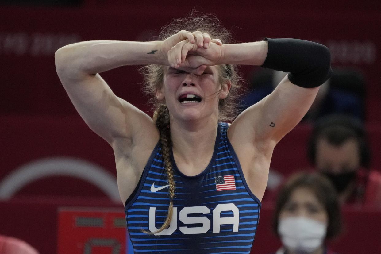 United States' Sarah Ann Hildebrandt celebrates after defeating Ukraine's Oksana Livach during their women's freestyle 50kg wrestling bronze medal match at the 2020 Summer Olympics, Saturday, Aug. 7, 2021, in Chiba, Japan. (AP Photo/Aaron Favila)