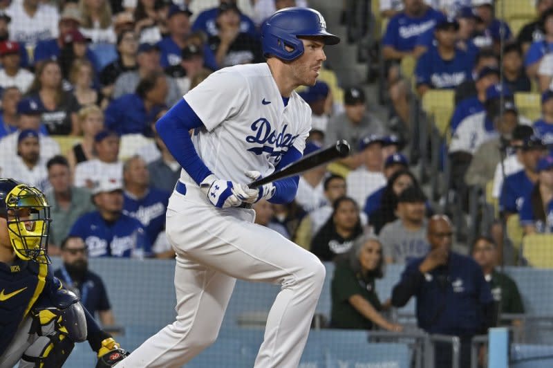 Los Angeles Dodgers first baseman Freddie Freeman hits a double against the Milwaukee Brewers on Wednesday at Dodgers Stadium in Los Angeles. Photo by Jim Ruymen/UPI