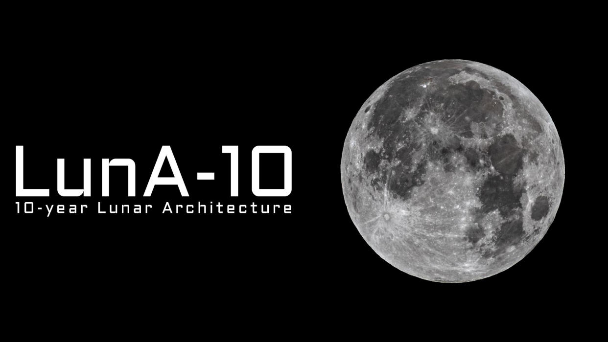  On the left, the words luna-10, 10-year lunar architecture, on the right, the full moon. 