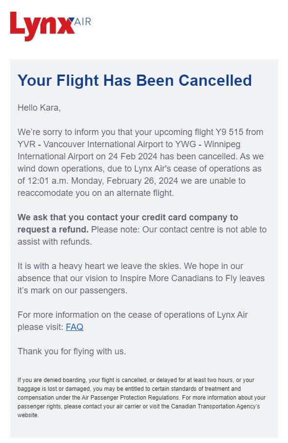 Kara Brereton-Cooke, a Lynx Air customer, received this email notifying her that her Saturday flight had been cancelled, and directed customers to request a refund through their credit card companies.