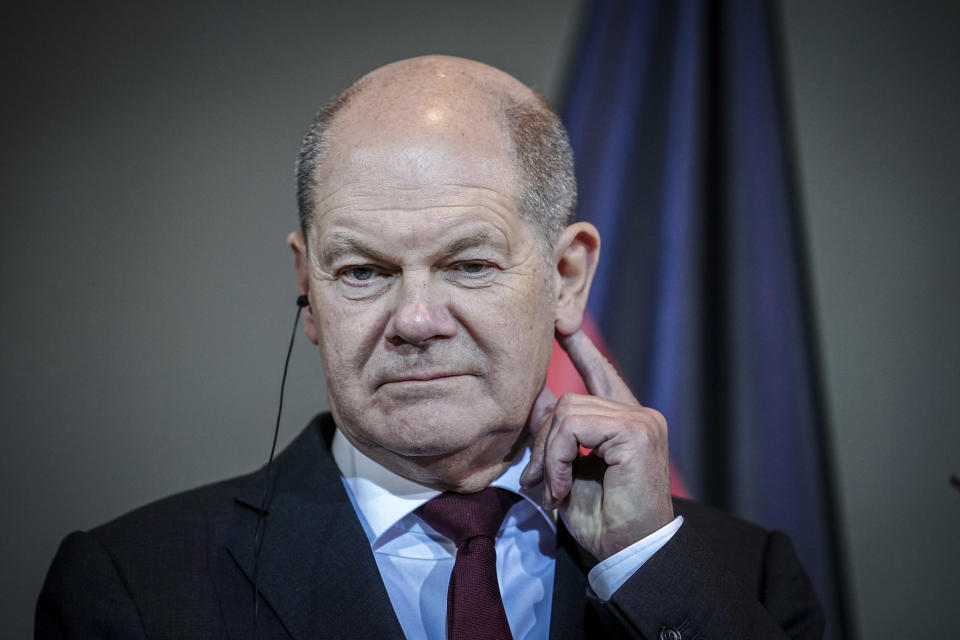 German Chancellor Olaf Scholz holds a press conference with and Luiz Inacio Lula da Silva, President of Brazil, at the Federal Chancellery on the occasion of the 2nd German-Brazilian intergovernmental consultations, in Berlin, Monday Dec. 4, 2023. (Kay Nietfeld/dpa via AP)