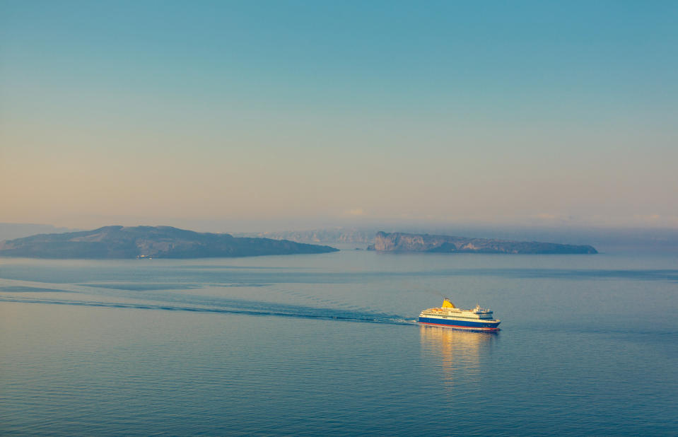 A ferry boat in the ocean.