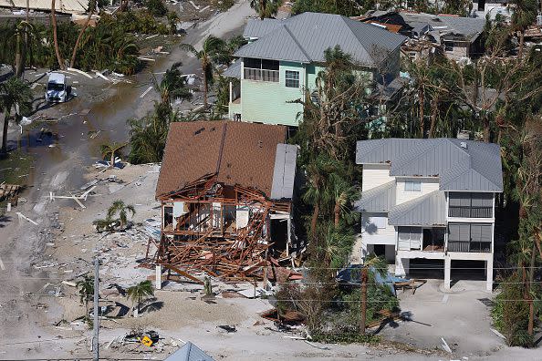 FORT MYERS BEACH,FLORIDA - SEPTEMBER 29: In an aerial view, damaged buildings are seen as Hurricane Ian passed through the area on September 29, 2022 in Fort Myers Beach, Florida. The hurricane brought high winds, storm surge and rain to the area causing severe damage. (Photo by Joe Raedle/Getty Images)