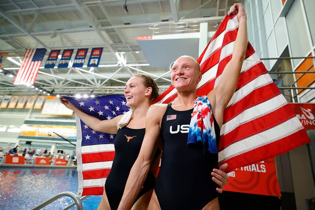 <p>Alex Slitz/Getty</p> Alison Gibson and Sarah Bacon celebrate after the Women's 3M finals during the U.S. Olympic Diving Team Trials at Allan Jones Intercollegiate Aquatic Center on June 22, 2024 in Knoxville, Tennessee.