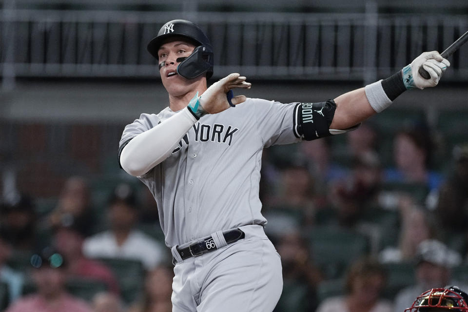 New York Yankees designated hitter Aaron Judge bats during the ninth inning of the team's baseball game against the Atlanta Braves, Wednesday, Aug. 16, 2023, in Atlanta. Judge struck out on the at-bat. (AP Photo/John Bazemore)