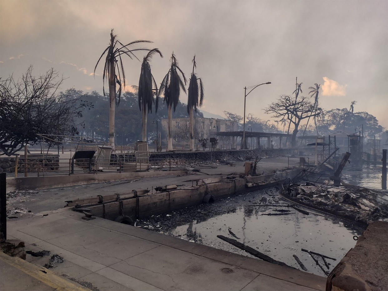 A charred boat lies in the scorched waterfront after wildfires devastated Maui's city of Lahaina, Hawaii