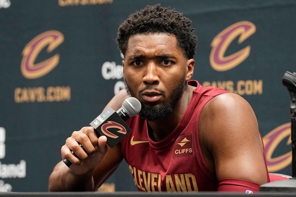 Cleveland Cavaliers guard Donovan Mitchell answers a question during a news conference at Cavs media day Monday in Cleveland.