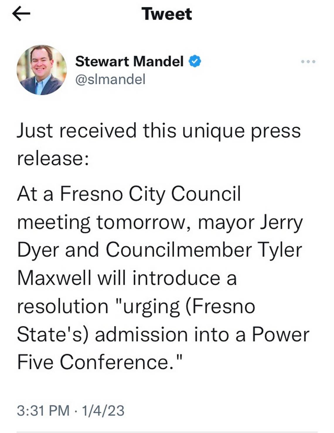 Stewart Mandel tweet on Fresno State