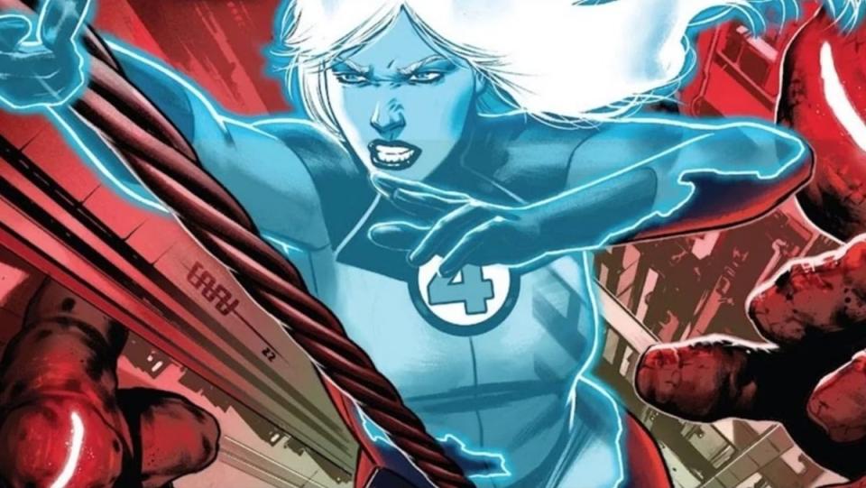 Susan Richards, the Invisible Woman, using her powers in battle.