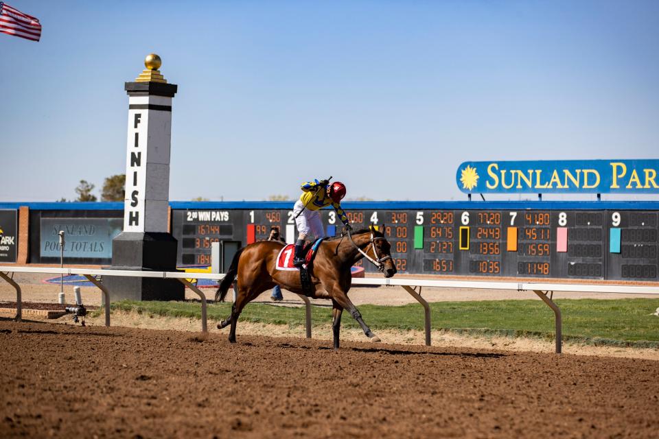 Jockey Alfredo J. Juarez, Jr. rides Flying Connection (1) to the win in the Sunland Oaks during the 18th running of the Sunland Derby at Sunland Park Racetrack & Casino in Sunland Park , New Mexico , Sunday, March 26, 2023. The trainer is Todd Fincher.