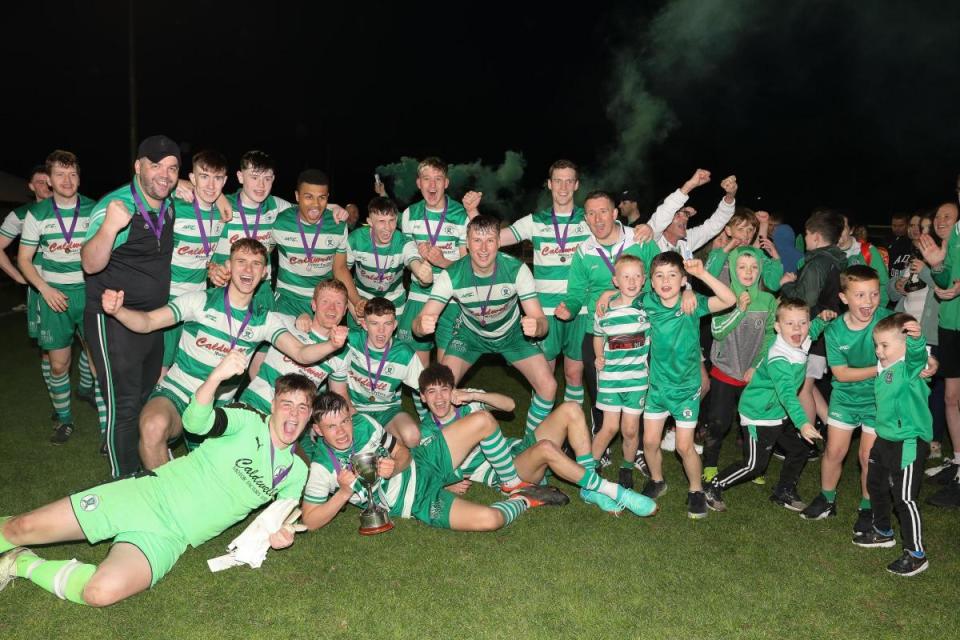 Strathroy Harps Reserves celebrate after winning the Reihill Cup. <i>(Image: Tim Flaherty)</i>
