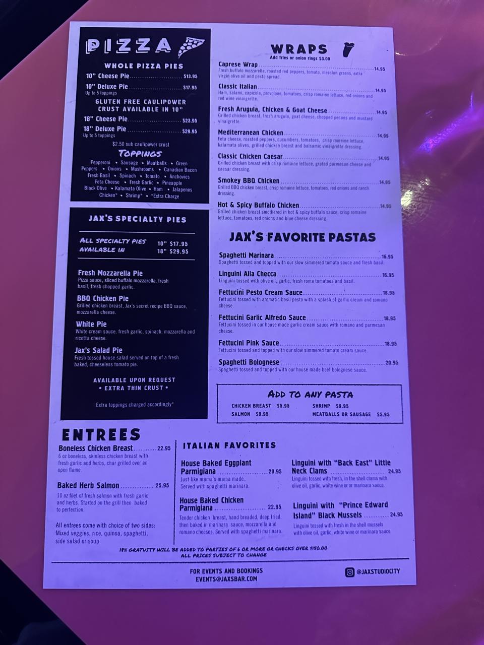 Menu from a restaurant featuring various dishes such as pizza, entrees, and Jay's favorite pastas