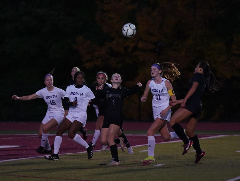 Albertus' Maggie Murphy (2) works for a header during their 1-0 win over Clarkstown North in the Section 1 Class A soccer championship game at Nyack High School in Nyack on Saturday, October 29, 2022.