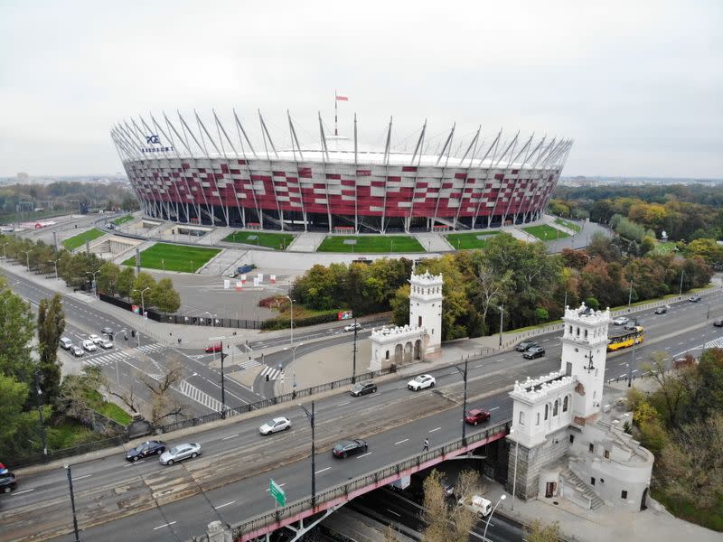 Drone pictures of the PGE National Stadium where the government builds special filed hospital for the coronavirus disease (COVID-19) in Warsaw