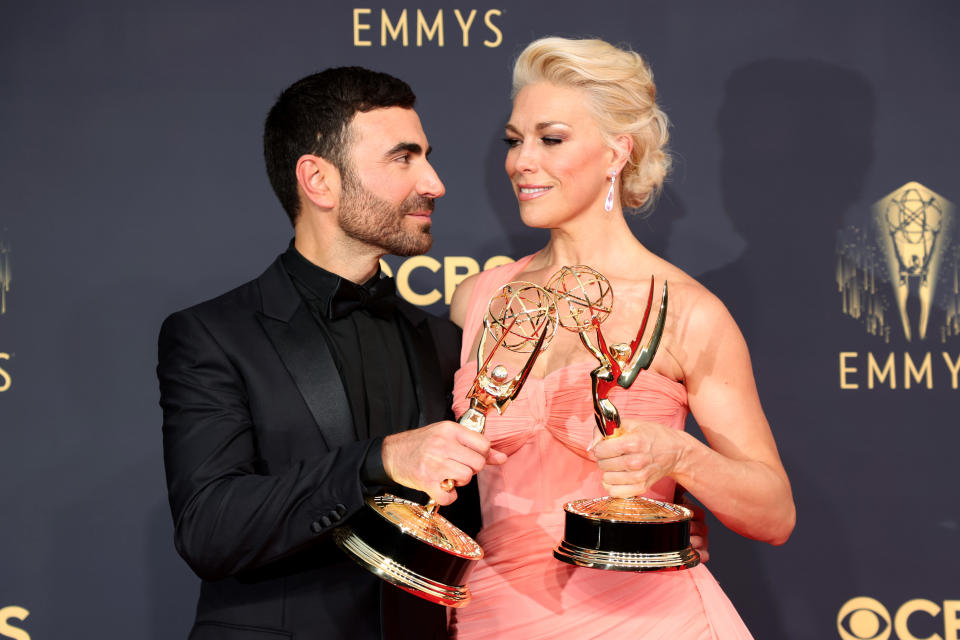 Brett Goldstein and Hannah Waddingham, two of the night's 'Ted Lasso' winners.<span class="copyright">Rich Fury—Getty Images</span>