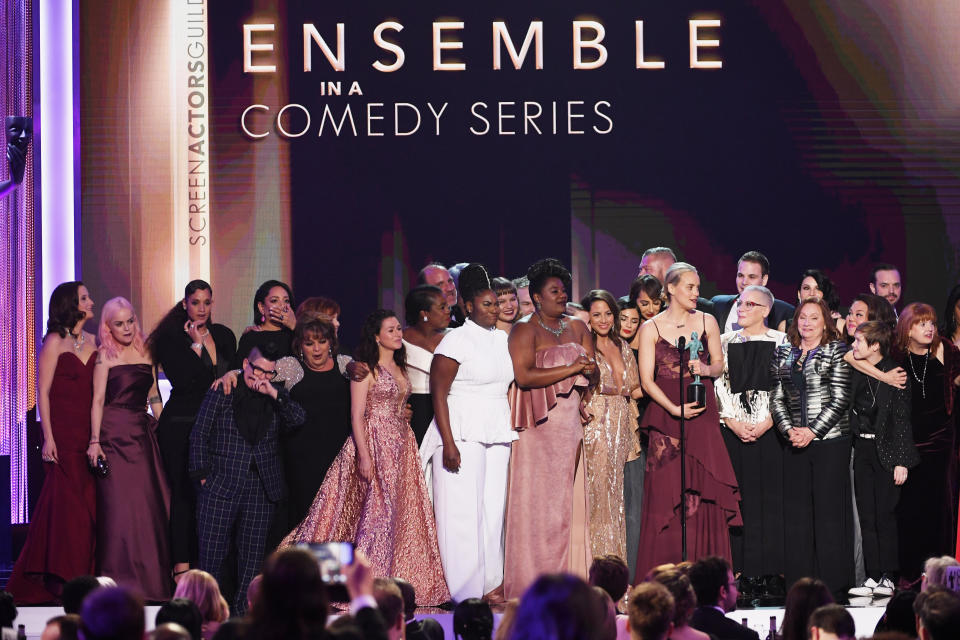 Taylor Schilling with the cast of "Orange is the New Black" during the 23rd Annual Screen Actors Guild Awards.<br /><br />"We stand up here representing a diverse group of people, representing generations of families who have sought a better life here, We know that it's going to be up to us and all of you to keep telling stories. What united us is stronger than the forces that seek to divide us."