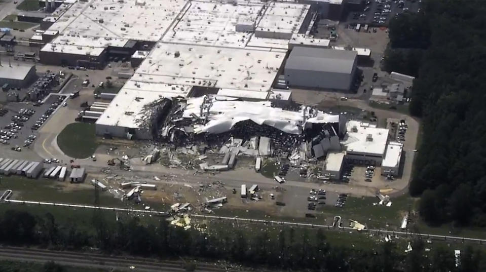 The Pfizer plant is damaged after severe weather passed the area on Wednesday, July 19, 2023 in Rocky Mount, N.C. (WTVD via AP)