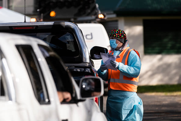 Tests are carried out at a pop-up COVID-19 testing clinic at Victoria Park in Picton in Sydney, Australia. 