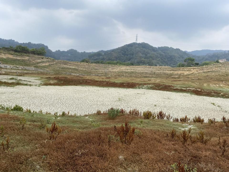 鯉魚潭水庫因乾涸而浮現過去客庄歷史遺跡。   圖：客傳會／提供