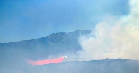 An air tanker drops fire retardant while battling the the so-called "Sherpa Fire" in the hills near Goleta, California, U.S. June 16, 2016. REUTERS/Mario Anzuoni