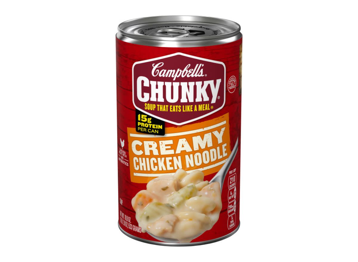 can of chicken noodle soup on a white background