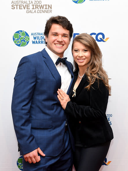 BRISBANE, AUSTRALIA – NOVEMBER 09: Bindi Irwin poses for a photo with fiance Chandler Powell at the annual Steve Irwin Gala Dinner at Brisbane Convention & Exhibition Centre on November 09, 2019 in Brisbane, Australia. (Photo by Bradley Kanaris/Getty Images)