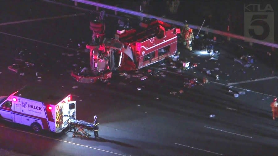 Eight firefighters were hospitalized following a rollover accident on a freeway in Irvine on September 19, 2024. (KTLA)