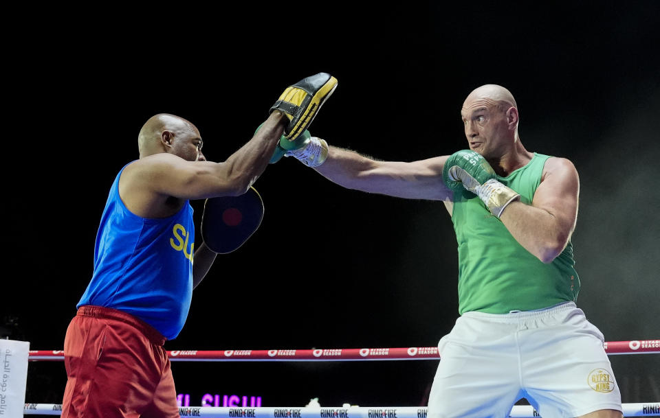 Tyson Fury (right) and Trainer SugarHill Steward (left) during an open workout at the Boulevard City Music World, Riyadh, Saudi Arabia. The IBF, WBA, WBC and WBO heavyweight title fight between Tyson Fury v Oleksandr Usyk will take place on Saturday 18th May. Picture date: Wednesday May 15, 2024. (Photo by Nick Potts/PA Images via Getty Images)