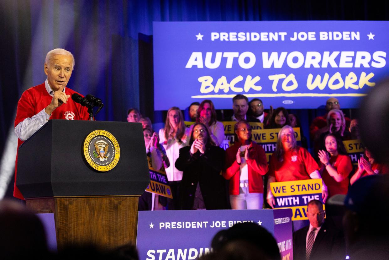 President Joe Biden speaks Thursday, Nov. 9, 2023, in Belvidere, Illinois, during an event to support the United Auto Workers of America reaching an agreement with automaker Stellantis.