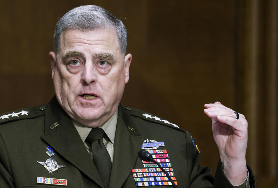 Joint Chiefs of Staff Chair Gen. Mark Milley testifies on Capitol Hill in Washington on June 17, 2021. (Evelyn Hockstein/Pool via AP)