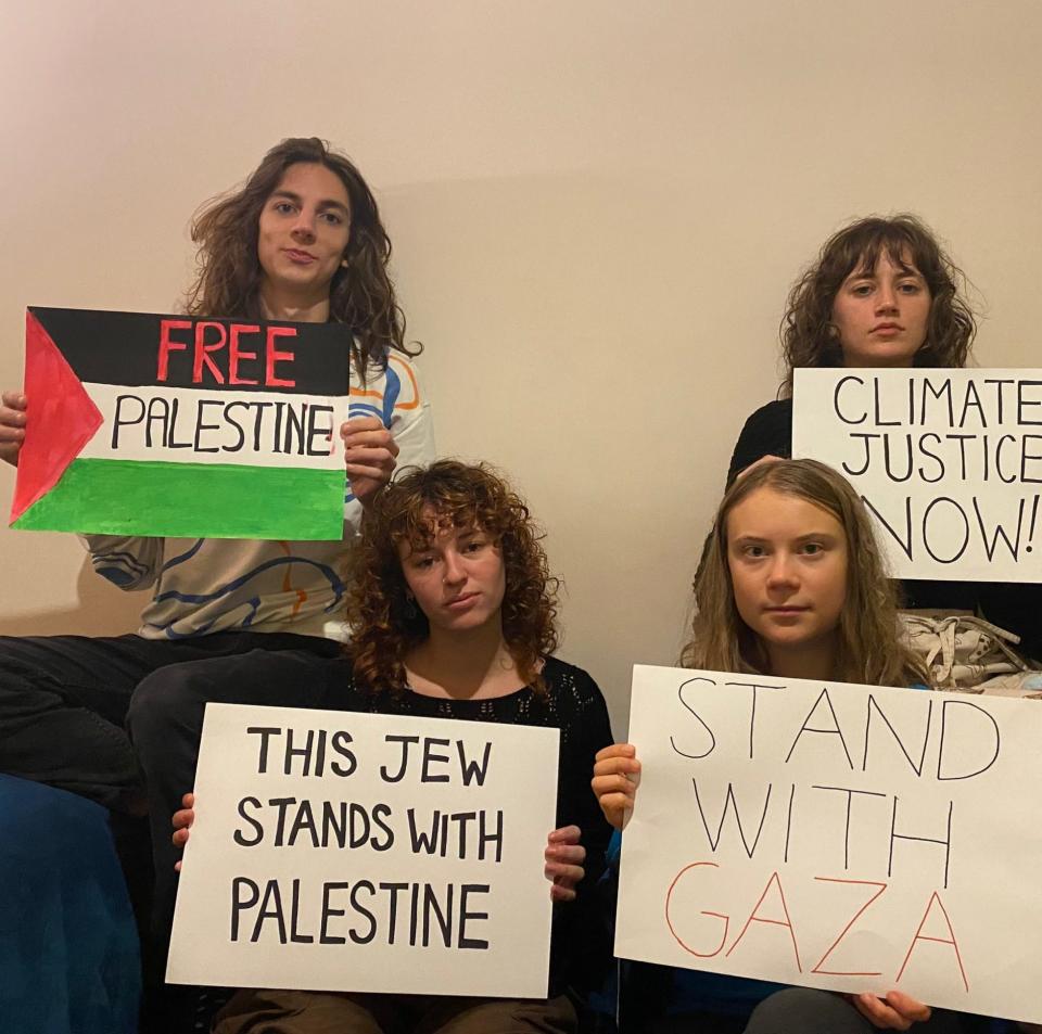 Since the massacre of 1,400 Israelis by Hamas, Greta Thunberg has posed for photos with Fridays for Future, her international climate movement, showing solidarity with Gaza